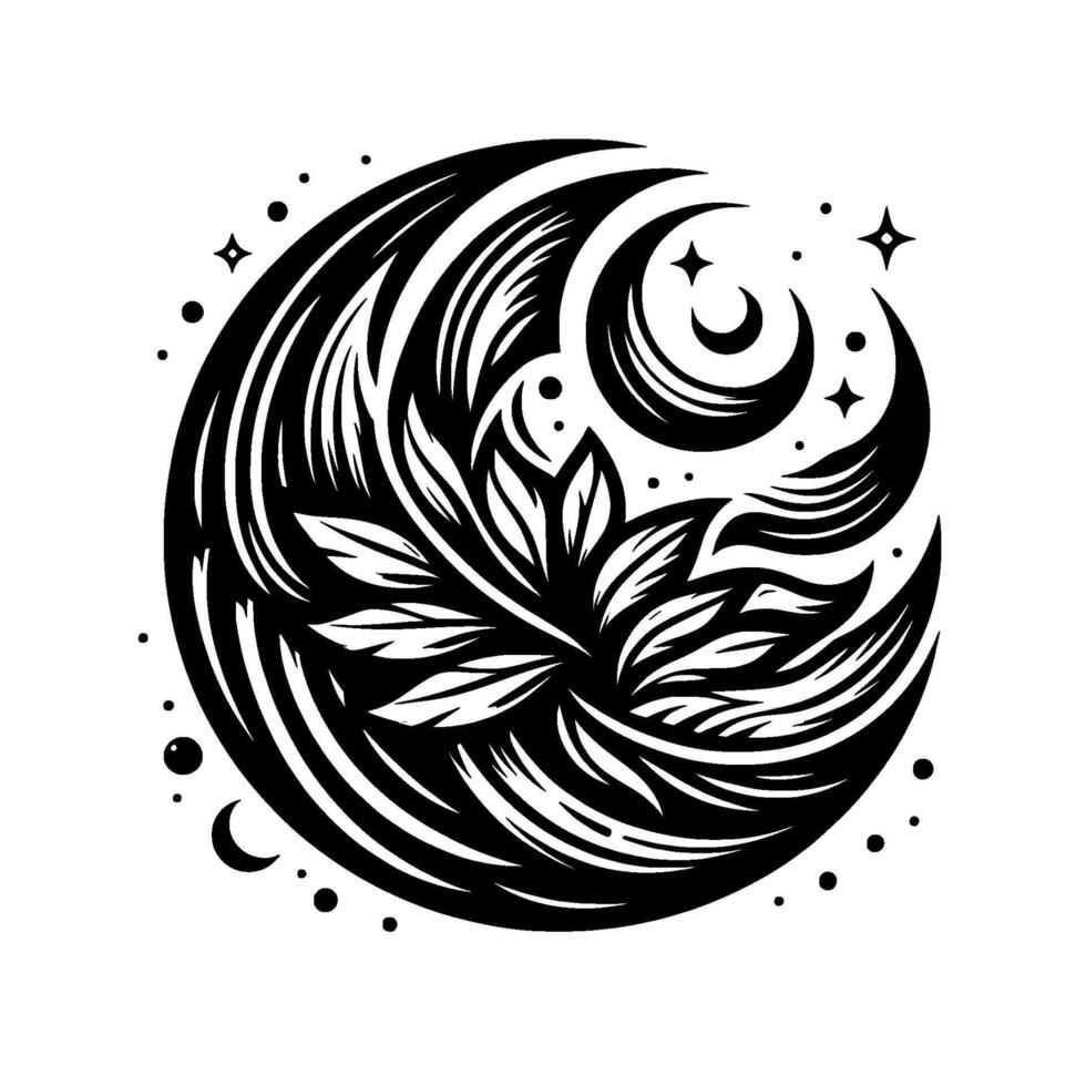 Celestial floral emblem a black and white circular featuring a stylized flower embraced by crescent moons, stars, and swirling lines. vector