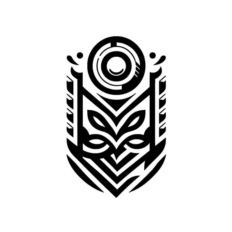Bold, symmetrical black and white tribal featuring stylized animalistic features, geometric shapes, and a central eyelike symbol within an oval composition. vector