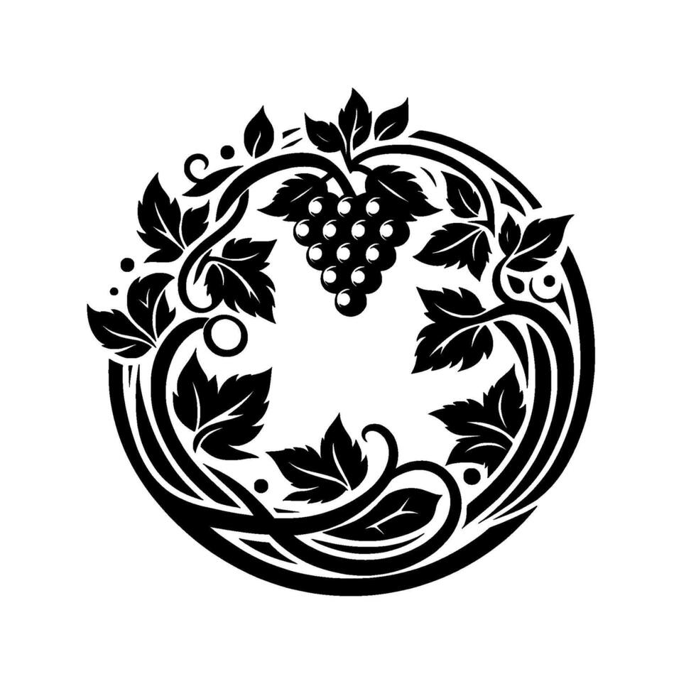 A symmetrical, minimalist, blackandwhite emblem of a grape cluster encircled by a vine and stylized leaves, perfect for winerelated branding. vector