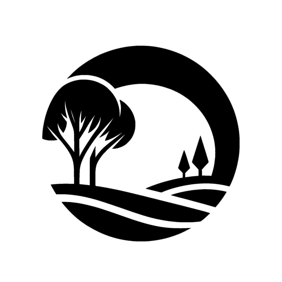 Stylized Black and White Nature Scene Trees on Rolling Hills Enclosed in a Circle, Minimalist Aesthetic. vector