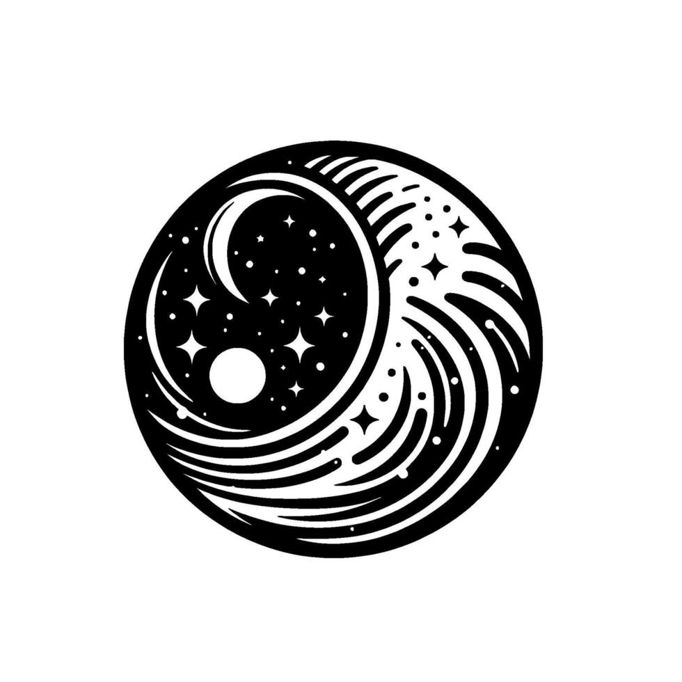 Yin Yang symbol depicting night and day, black and white, stars, moon, and swirling elements to show cosmic balance. vector