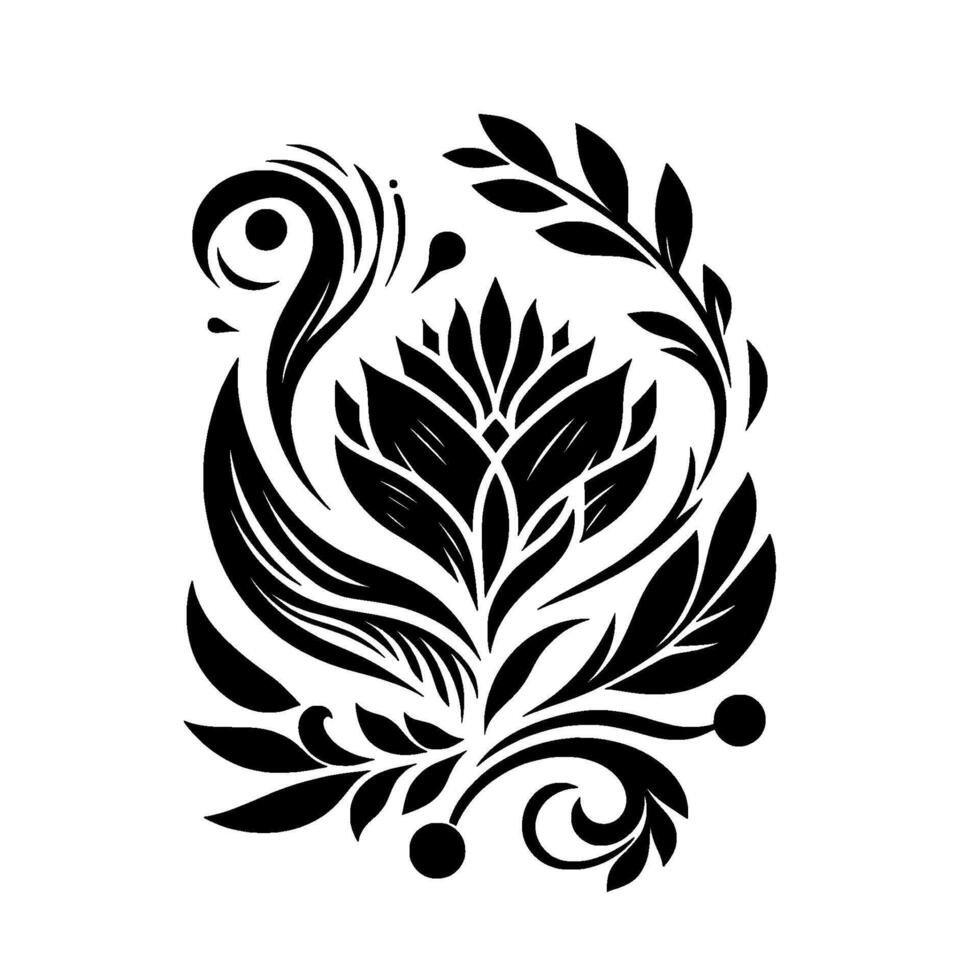 Elegant Black and White Floral Featuring a Central Flower Surrounded by Leaves, Swirls, and Decorative Elements on a White Background. vector