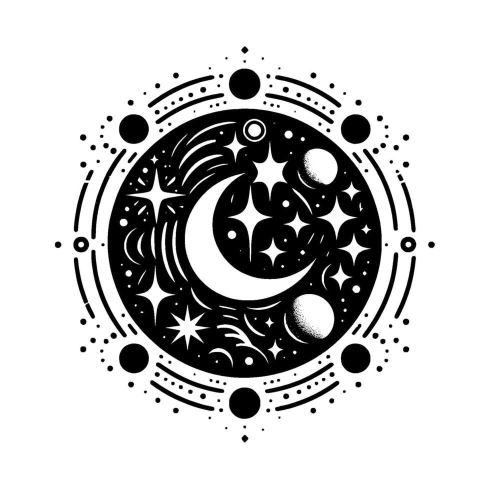 Celestial Mandala with Crescent Moon, Stars, Planets, and Circular Cosmic Border in Black and White vector