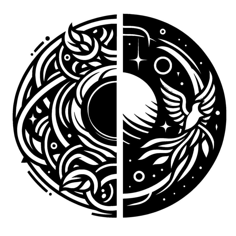 Celestial Yin Yang Black and white circular of cosmos, half with flowing elements, and other half a Phoenix. vector