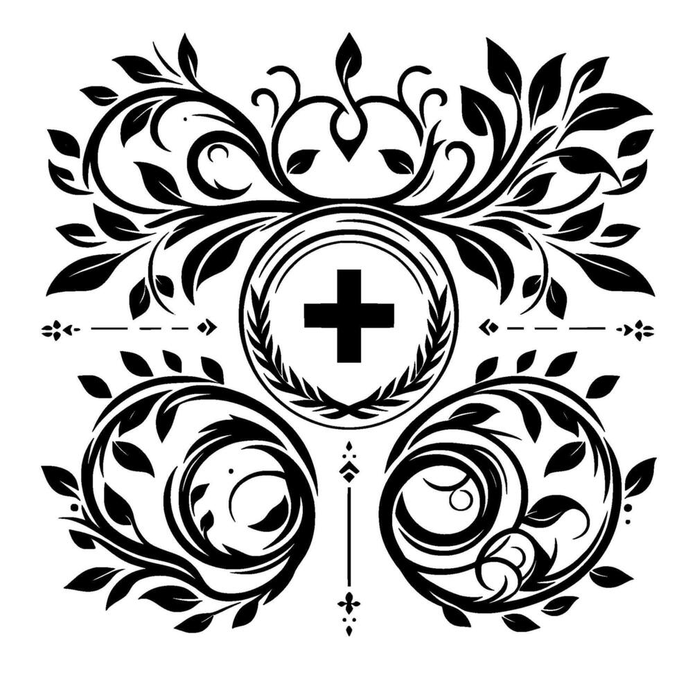 Ornate Black and White Medical Cross Symbol Surrounded by Elegant Floral Swirls and Decorative Elements. vector