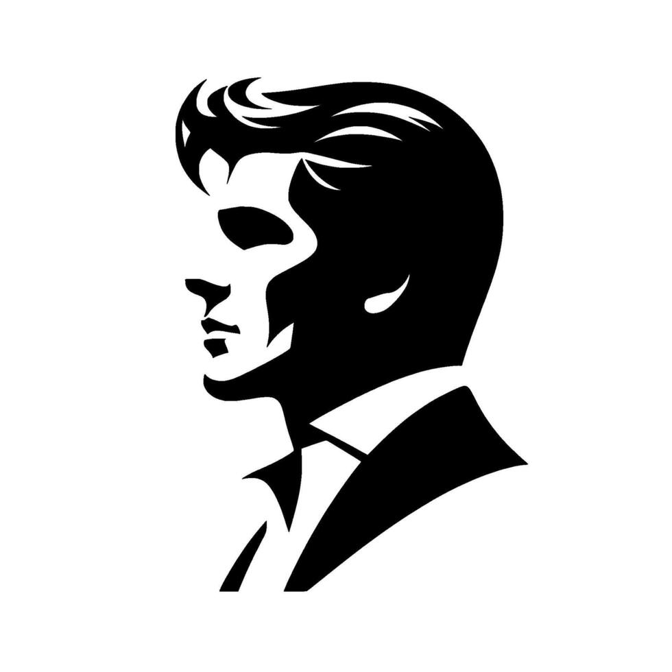 Striking Black and White Silhouette Portrait of a Man in Profile, Formal Attire, Iconic Hairstyle. vector