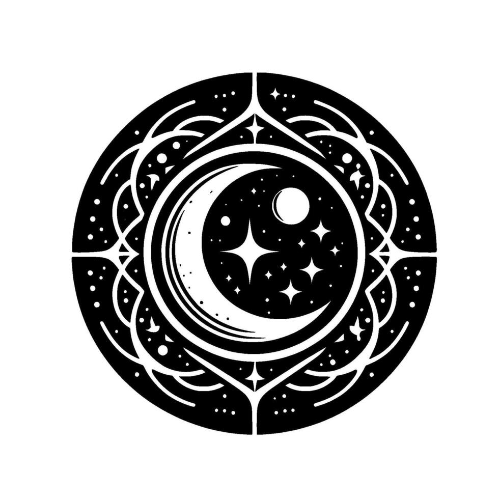 Intricate Celestial Mandala Crescent Moon, Stars, and Celestial Body in Black and White. vector