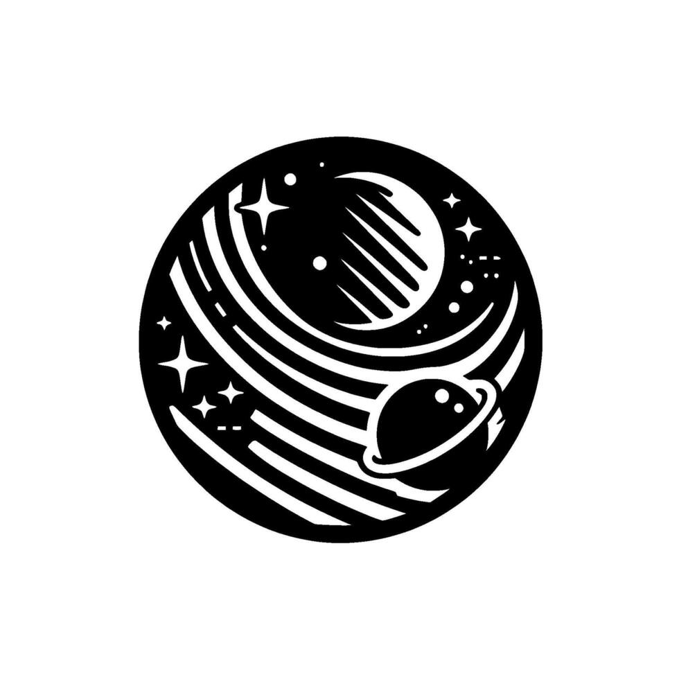 A monochromatic circular emblem featuring a planet, stars, orbiting lines, and another planet with a ring. vector