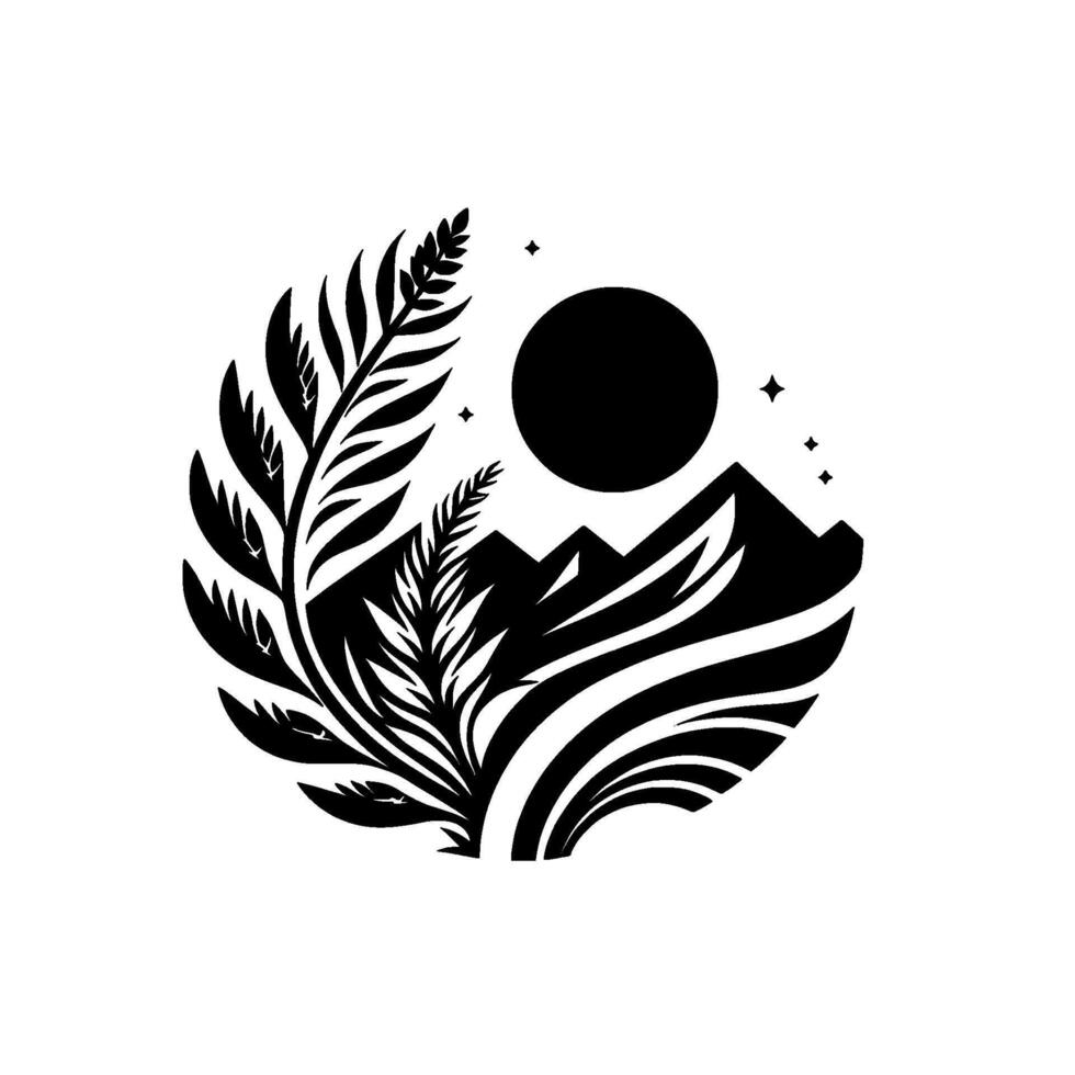 Symbolic black and white circular illustration of mountains, a moon, plants, and stars, evoking natures serenity. vector