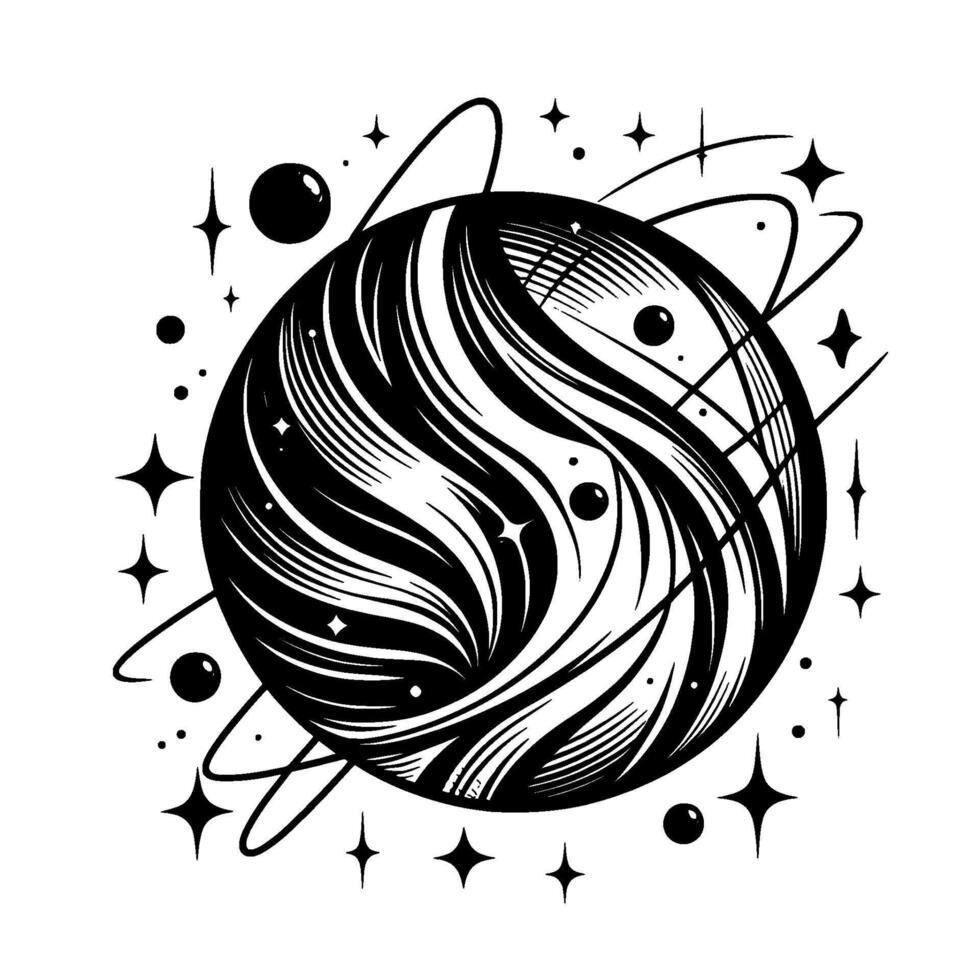 Black and white cosmic illustration of an intricately patterned planet with swirling details, orbited by rings and surrounded by stars. vector