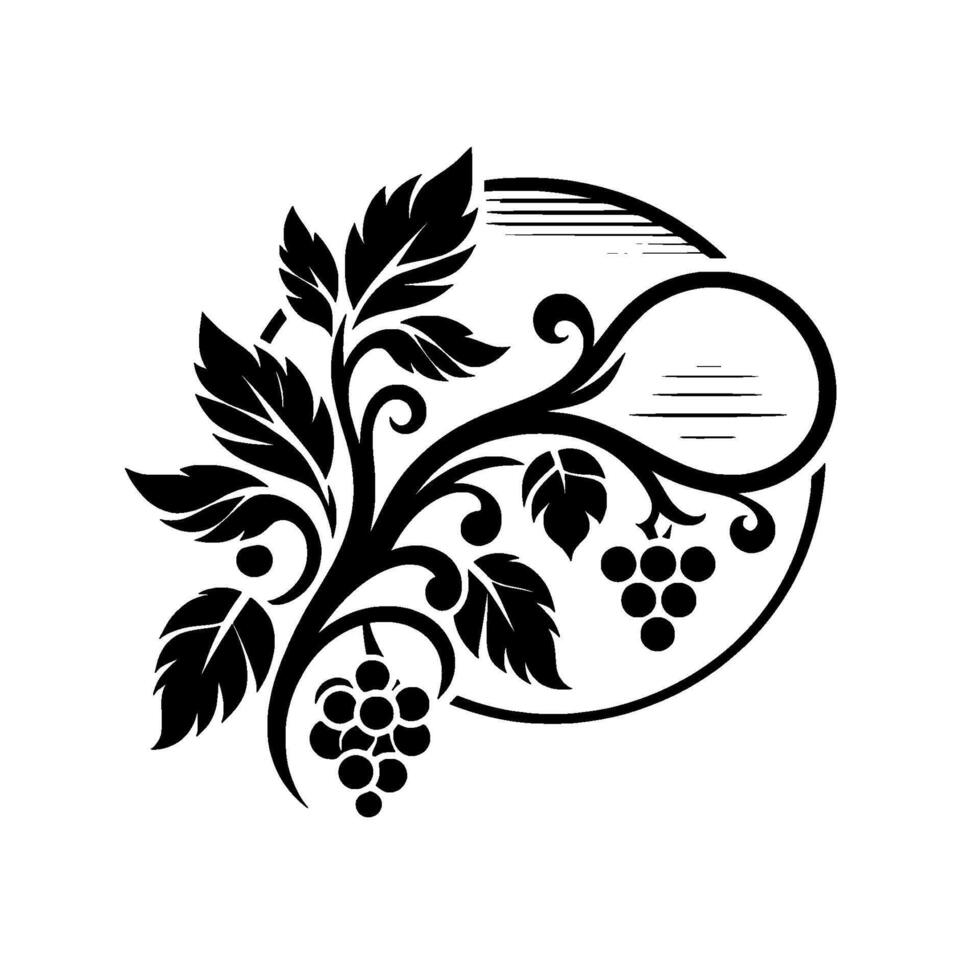 Elegant black and white illustrated vine , featuring grapes, leaves, swirling tendrils, enclosed within a stylized circle, perfect for logos. vector