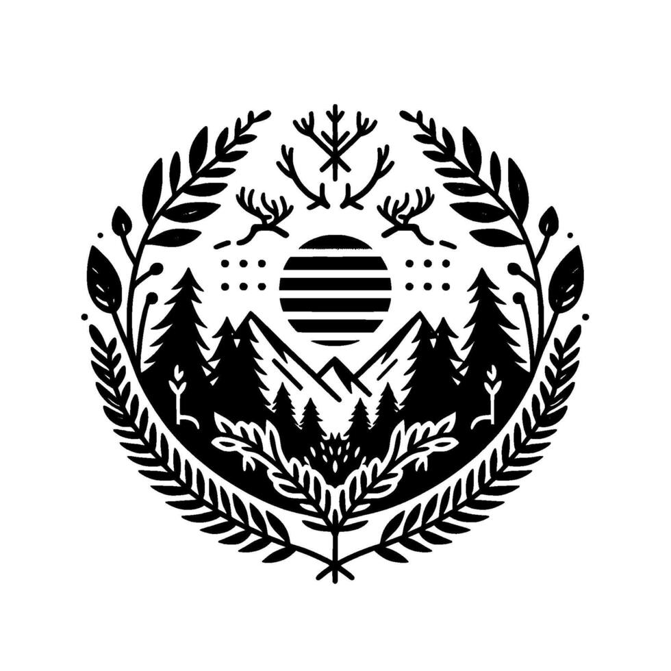 Serene monochrome circular illustration of a mountain landscape, forest, sun, deer antlers, and foliage, evoking wilderness. vector