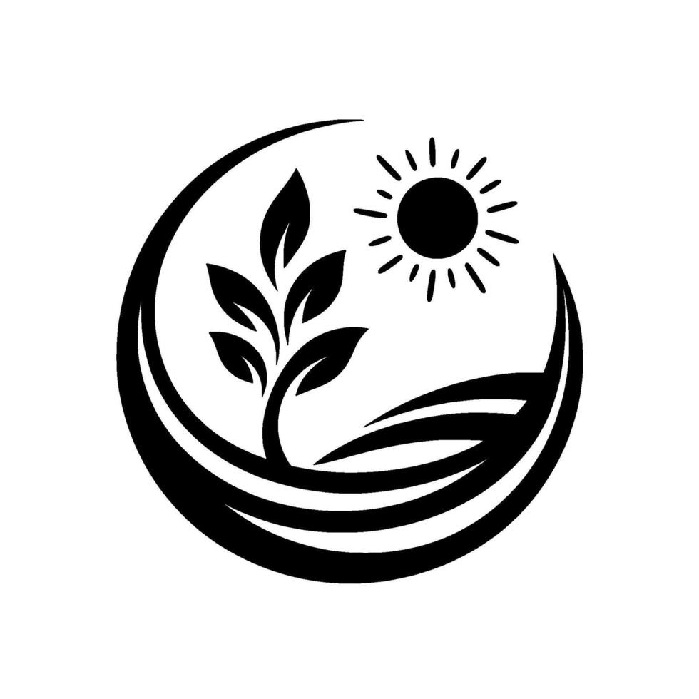 Monochromatic emblem of a thriving plant, embraced by a curved frame, with a radiant sun symbolizing growth and natures cycle. vector