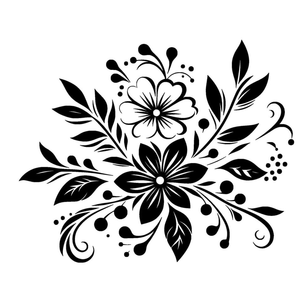 Elegant Black and White Floral Featuring Detailed Blossoms, Leaves, and Decorative Elements on White Background. vector