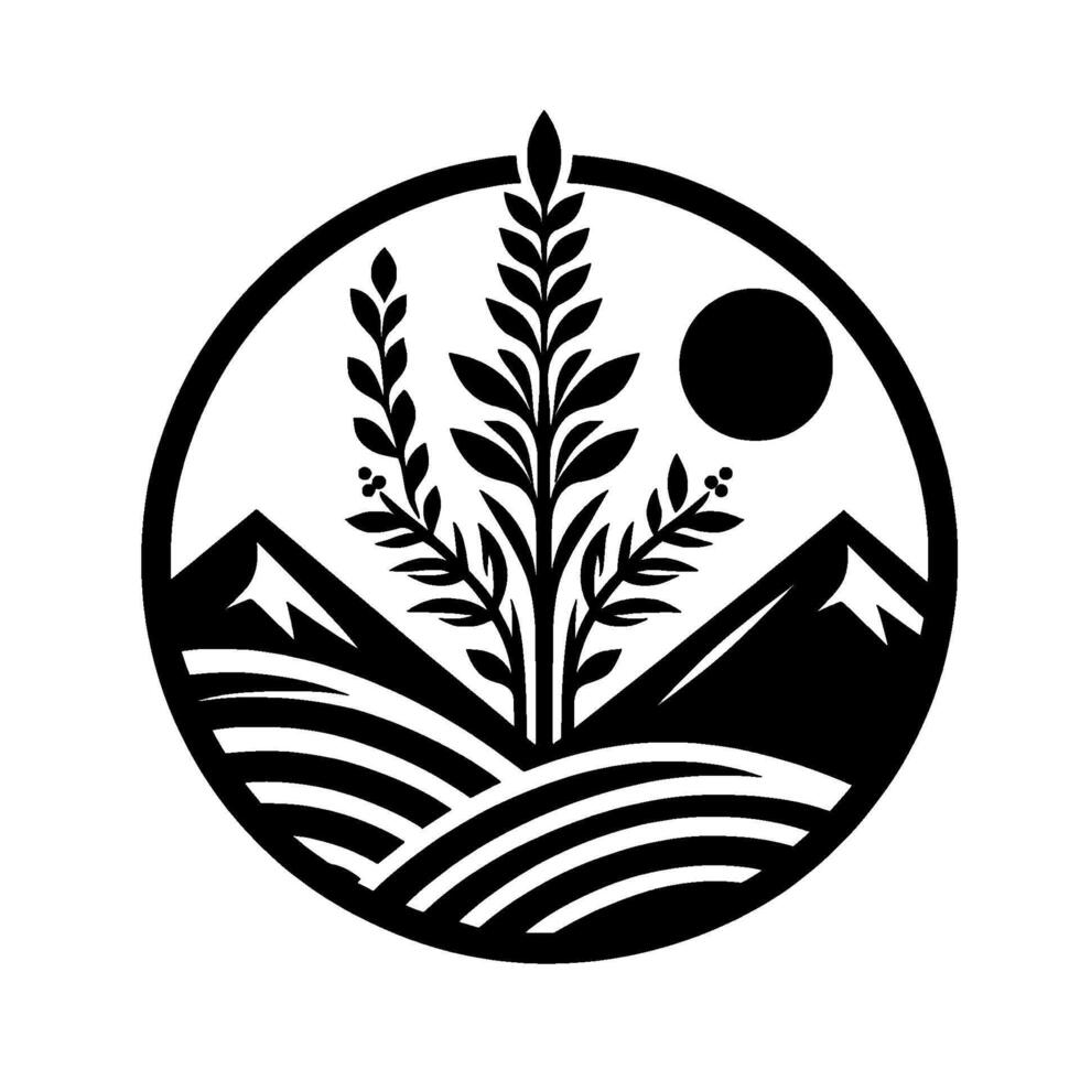 Circular Monochrome Illustration Wheat, Mountain, and Sun Silhouette, Representing Nature, Agriculture, and Tranquility. vector