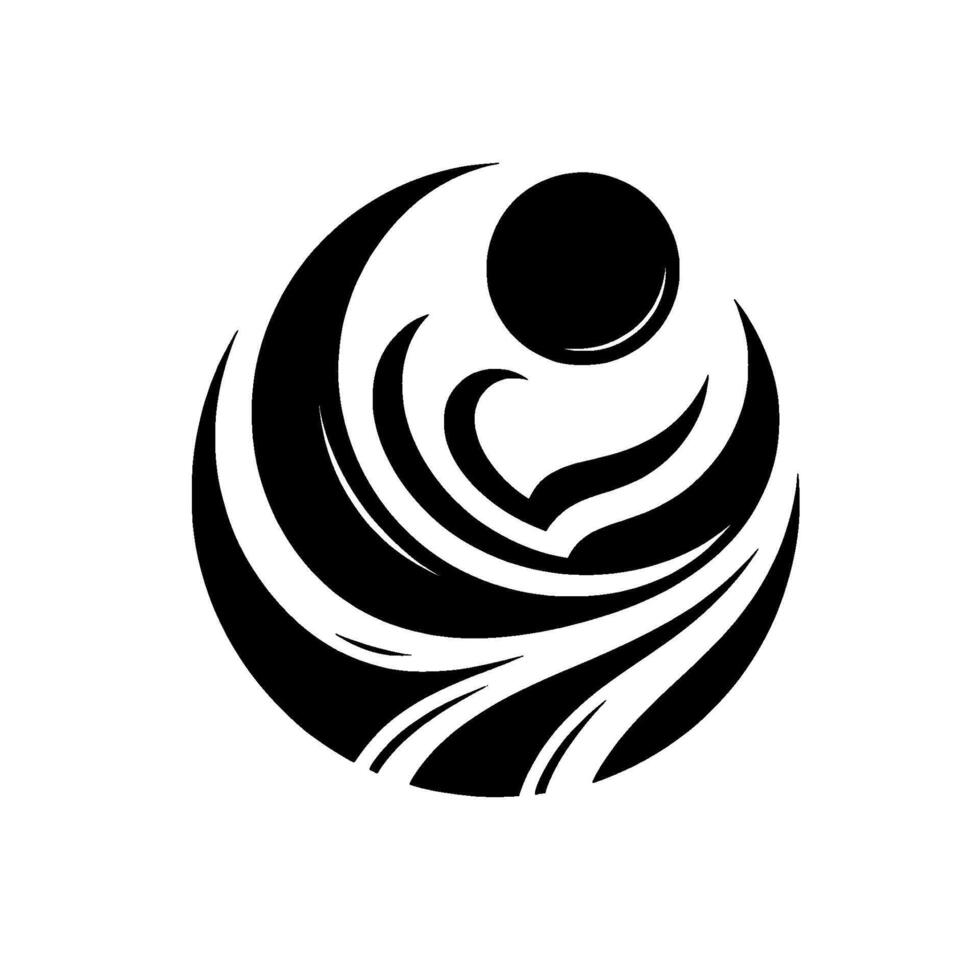 Abstract black and white featuring a stylized, nested, curved, and wavelike encompassing a central, solid sphere, with shadow. vector