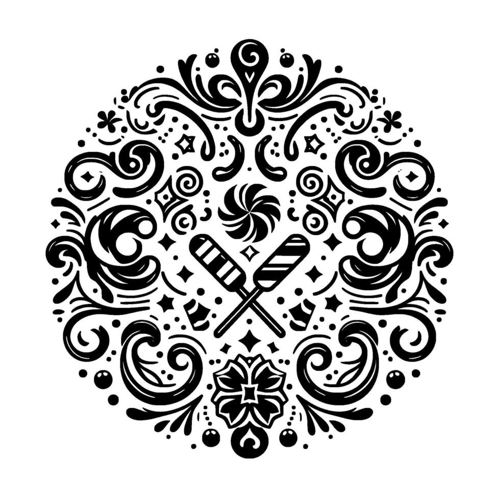 Intricate Black White Circular Pattern with Crossed Lollipops, Swirls, Floral Elements, Geometric Shapes, Creating a Decorative . vector