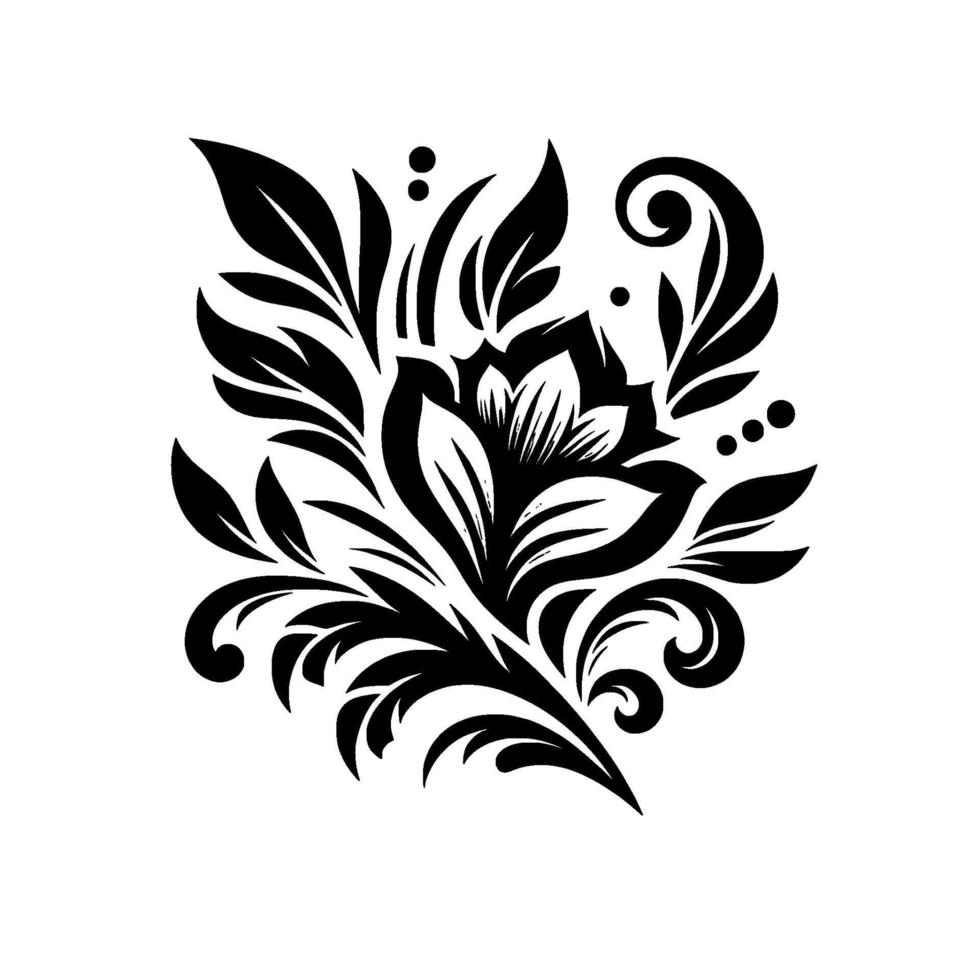 Ornate Black and White Floral Stylized Flower, Leaves, and Swirls on a White Background. vector