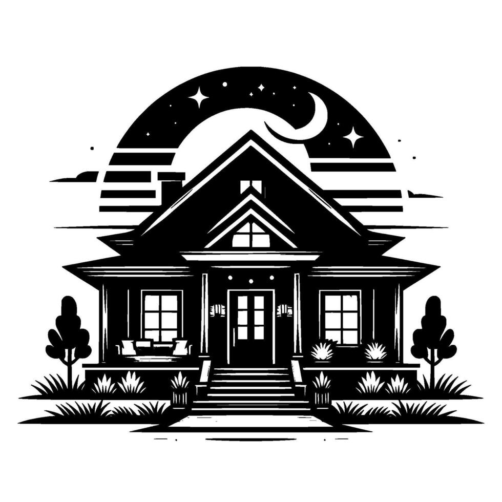 Monochrome Illustration Detailed Craftsman Home with Starry Night Sky Backdrop, Moon, and Stylized Elements. vector