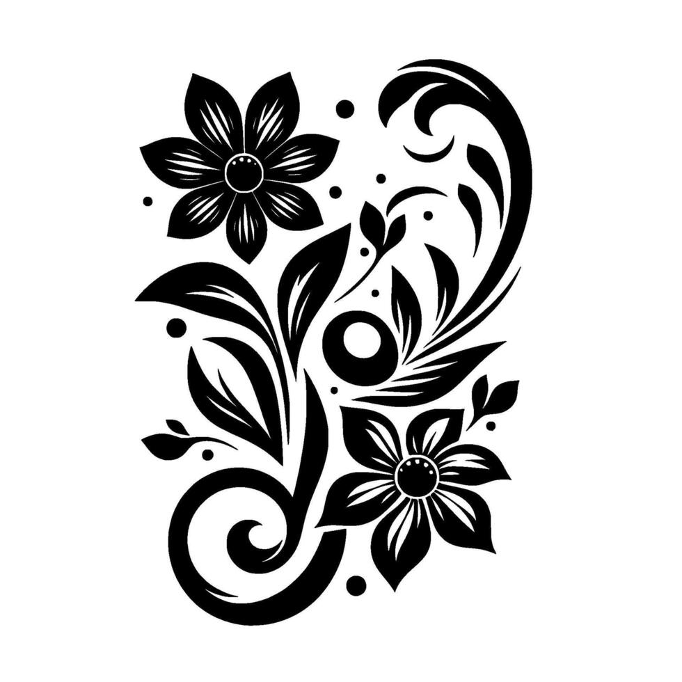 Elegant Black White Floral Ornament Detailed featuring symmetrical flowers, leaves, swirls, and dots against a pristine white backdrop, conveying sophistication. vector