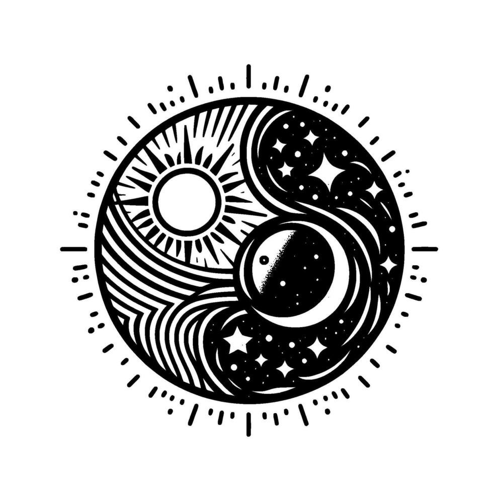 YinYang Symbol of Celestial Harmony A stylized black and white illustration depicting the balance of day and night with the sun, moon, and stars within a circular . vector