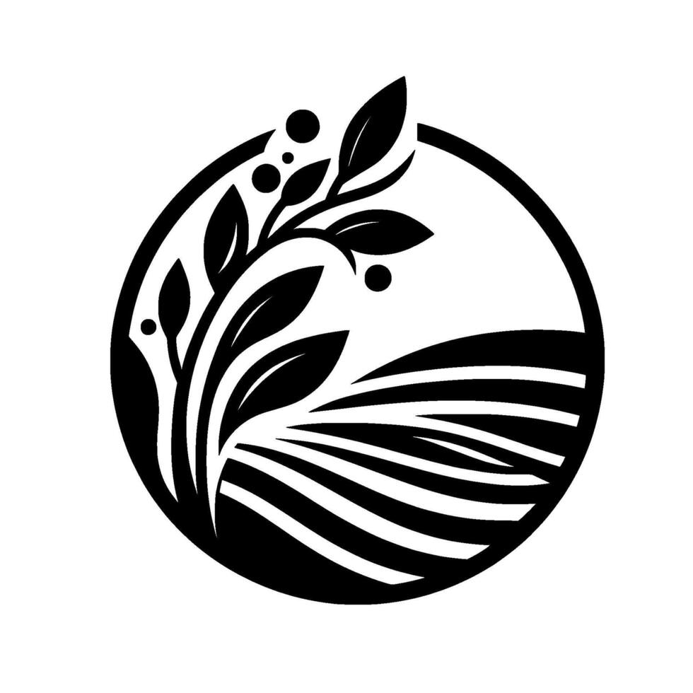 Minimalist Black and White of a Branch with Leaves and Berries, Overlooking a Field in a Circular Frame. vector