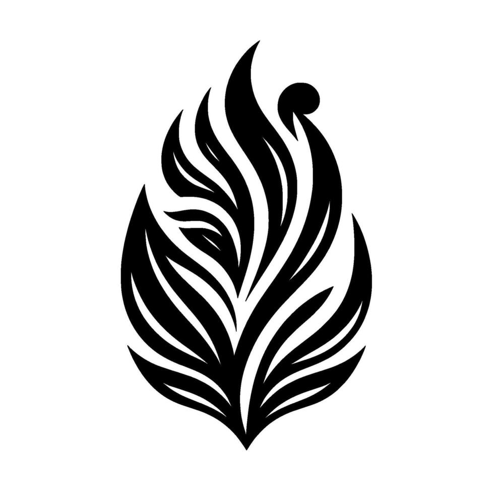 A stylized, symmetrical black and white flamelike , resembling a leaf or feather, with a simple, clean aesthetic. vector