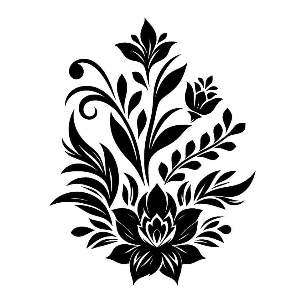 Elegant Black Floral with Stylized Leaves, Petals, and Curlicues on a White Background. vector