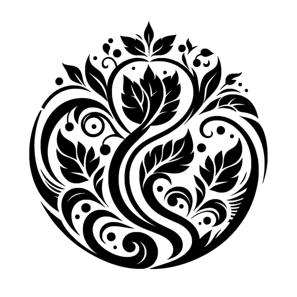 Circular Black and White Floral Ornament with Swirling Leaves and Berries, Decorative Foliage Pattern. vector