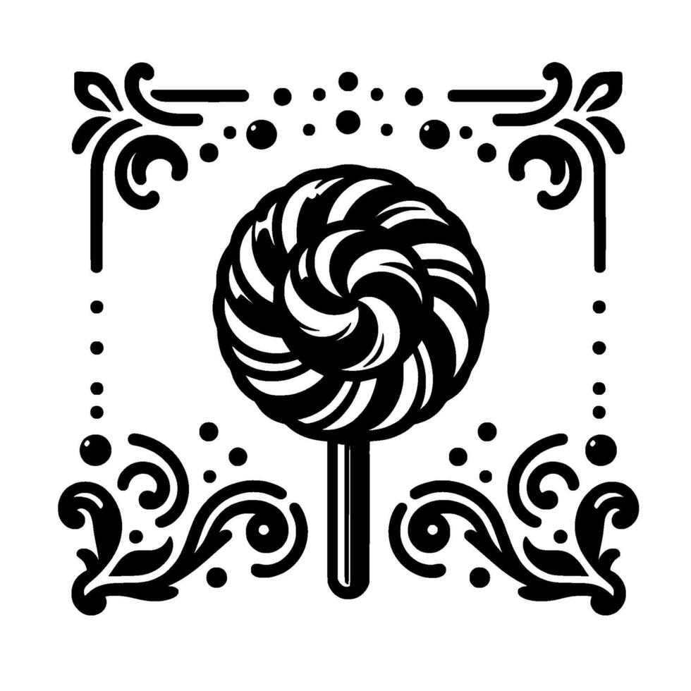 Whimsical Black and White Swirl Lollipop with Ornamental Border, Decorative Dots, and Flourishes vector