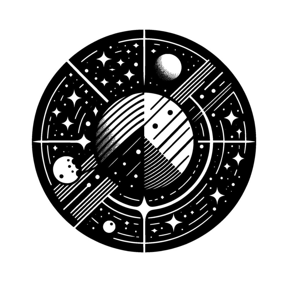 Intricate Black White Cosmic Mandala A Circular Composition of Moons, Stars, and Geometric Planets, Illustrating Space. vector