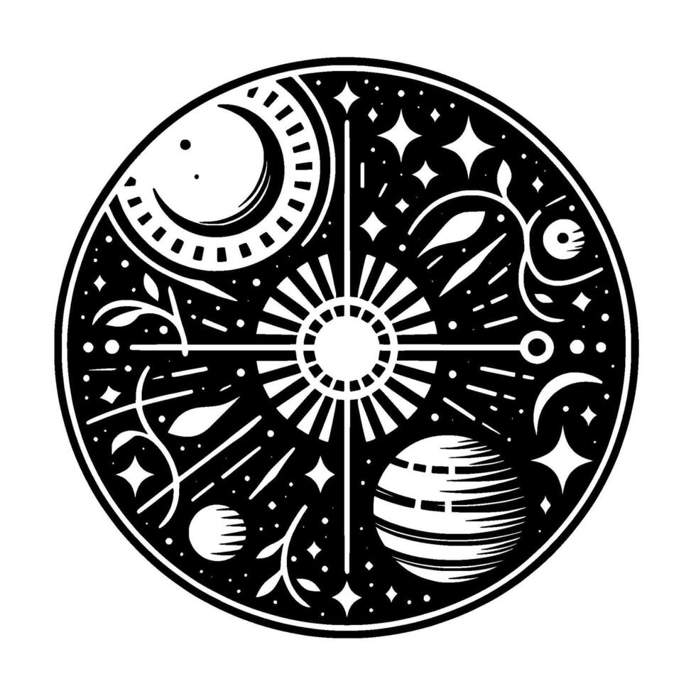 Celestial Mandala A black and white circular showcasing the sun, moon, planets, stars, and stylized floral elements, in a minimalist style. vector