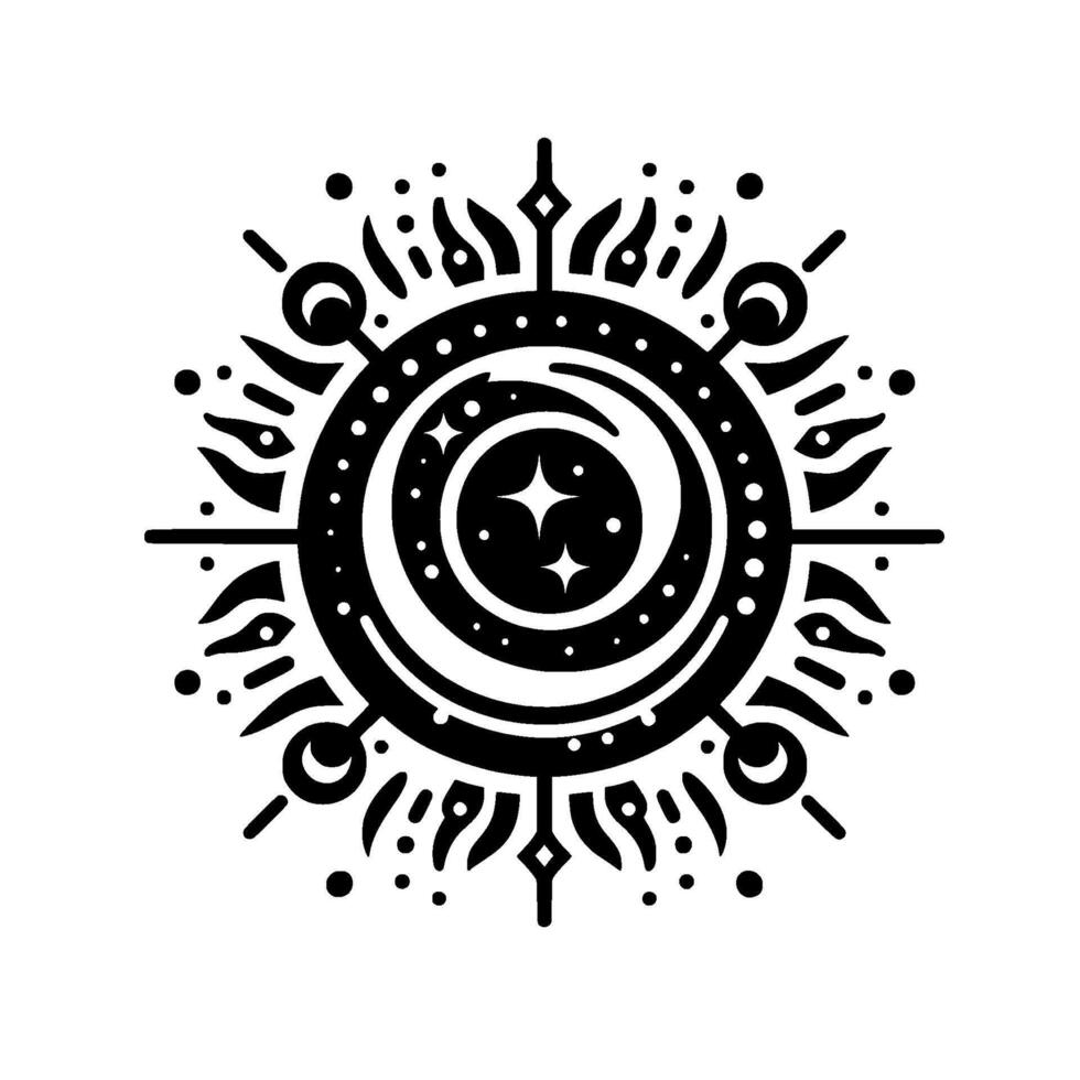 Black and White Celestial Mandala A Circular with Swirling Galaxies, Moons, Stars, and Stylized Flames on a White Backdrop vector