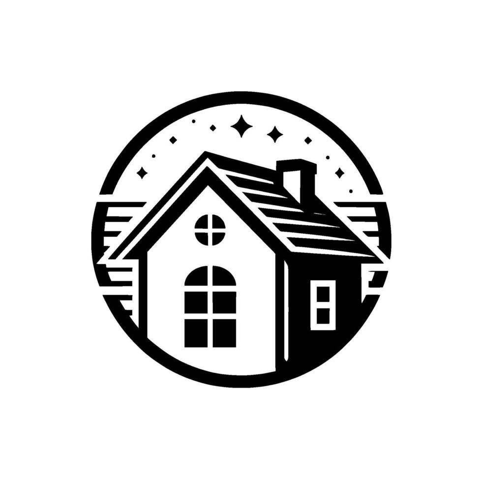 Minimalist Black and White House Inside a Circle, Surrounded by Stars, with Chimney and Windows Depicting Cozy and Peaceful Home vector