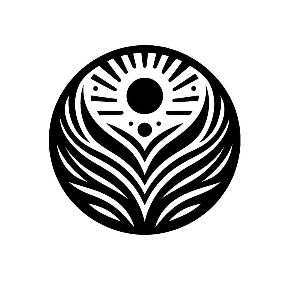 Minimalist black and white circular featuring sunlike element and stylized feather or leaflike shapes, symmetrical, bold, and geometric. vector