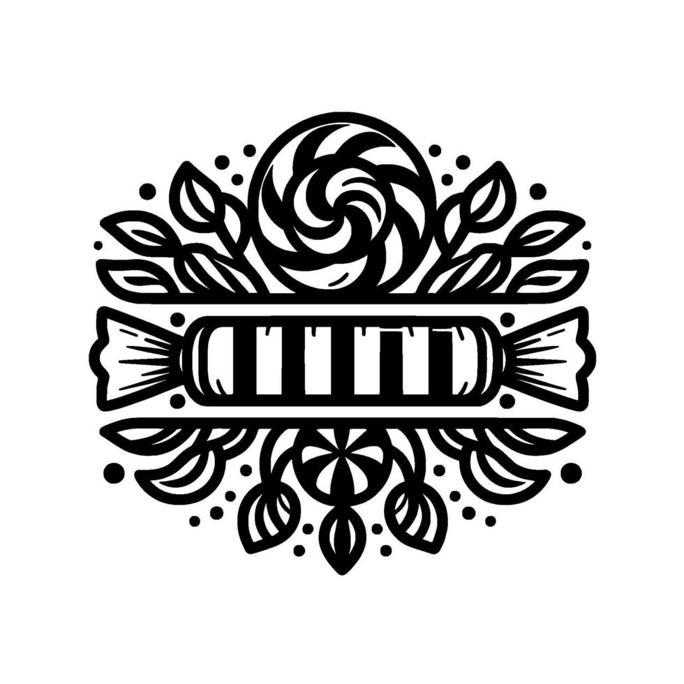 Intricate Black and White Candy Ornament with Lollipop, Wrapped Candy, and Floral Accents, Isolated on White Background vector