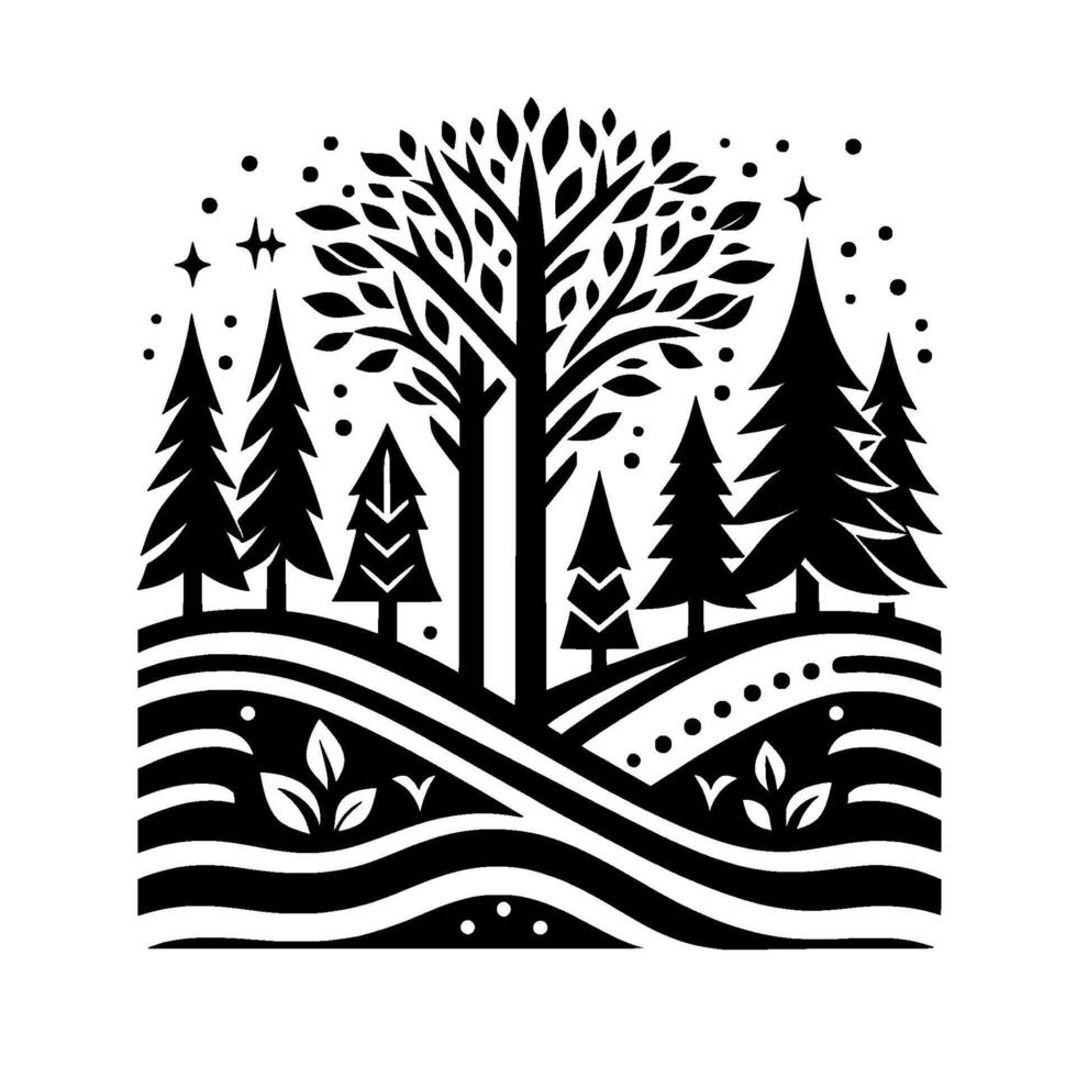 Black and White Illustration Stylized forest scene with rolling hills, trees, and stars, evoking tranquility. vector