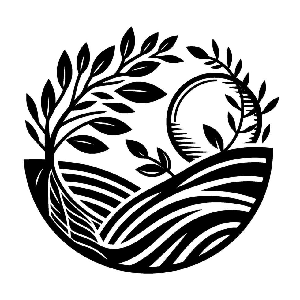 Black and White Circular Illustration of a Thriving Tree, Roots, and Fields in a Natural, Symbolic . vector