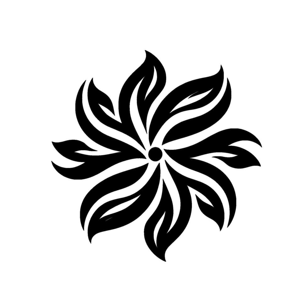 Geometric Monochrome Flower A stylized floral in black and white, featuring layered leaflike petals radiating from a central black dot. vector