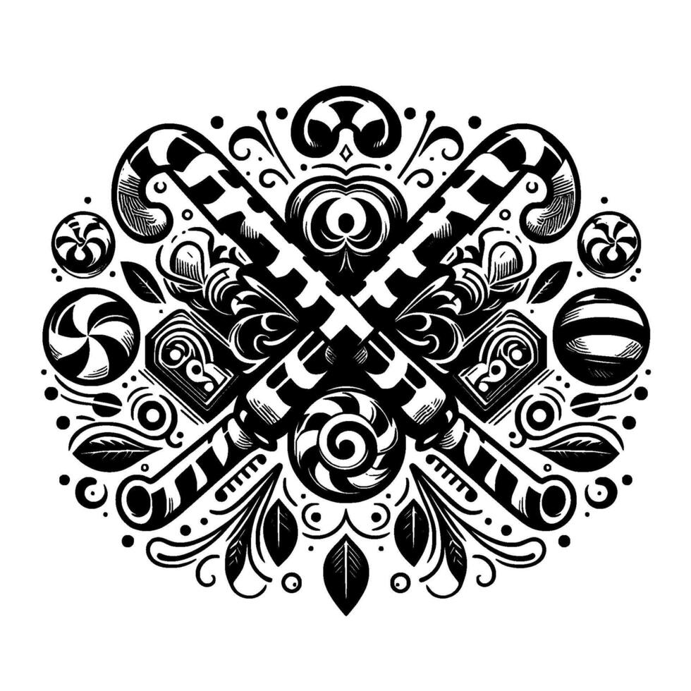 Intricate symmetrical black and white featuring crossed candy canes, sweets, swirls, and decorative botanical elements. vector