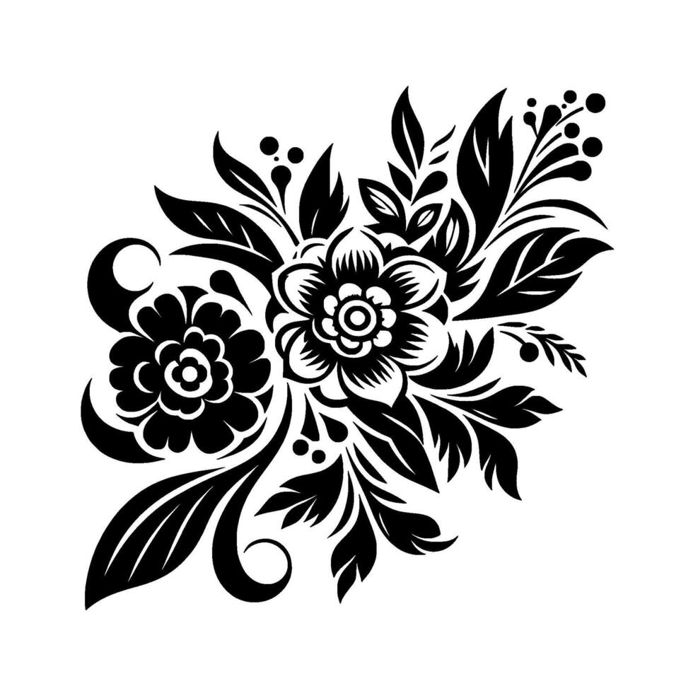 Elegant, Black and White Floral with Detailed Petals, Leaves, and Berries, Isolated on White, a Delicate, Symmetrical Arrangement. vector