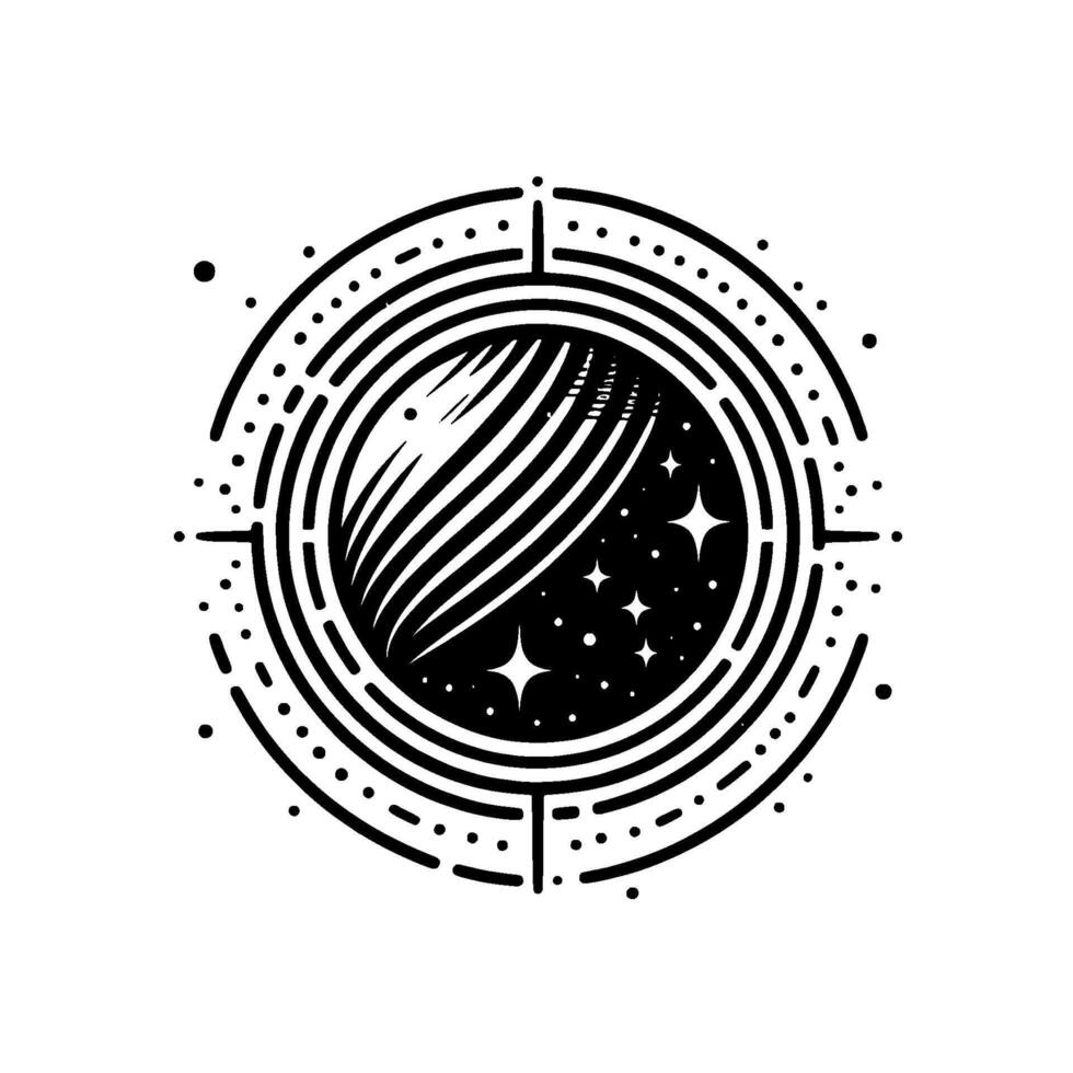 Celestial Minimalist A black and white circular composition featuring a stylized planet with striped clouds, surrounded by a starry night, within a dotted circular frame. vector
