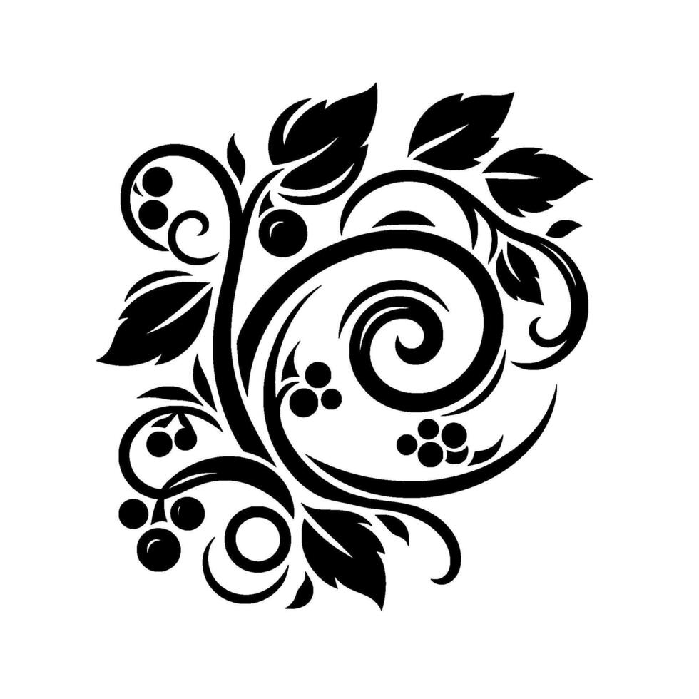 Elegant monochrome floral with stylized leaves, berries, and swirling vines, isolated on a white background. vector