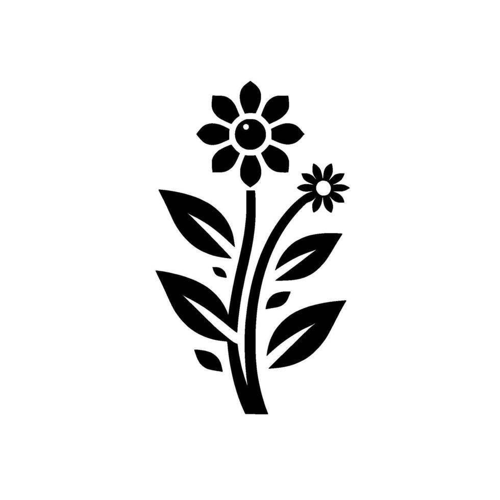 Minimalist black and white illustration of a blooming flower stem with two flowers and leaves, isolated on a white background. vector