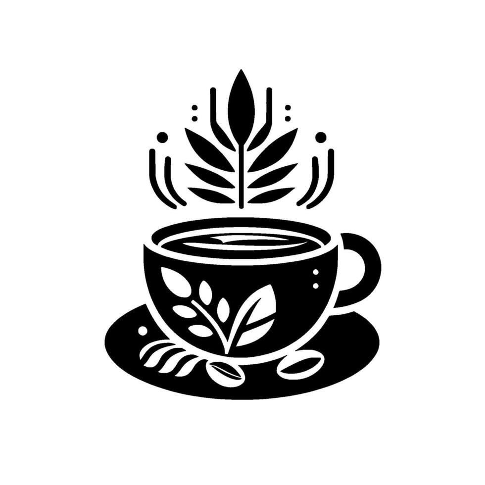 Stylized Black and White Coffee Cup with Leafy Steam and Coffee Beans on Saucer, Isolated on White. vector