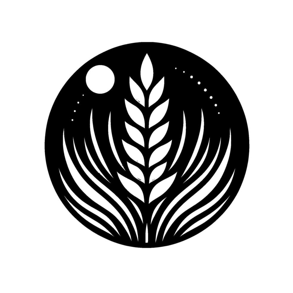 Stylized Black and White Wheat in a Circular Frame with Moon and Dots Minimalist Agriculture vector