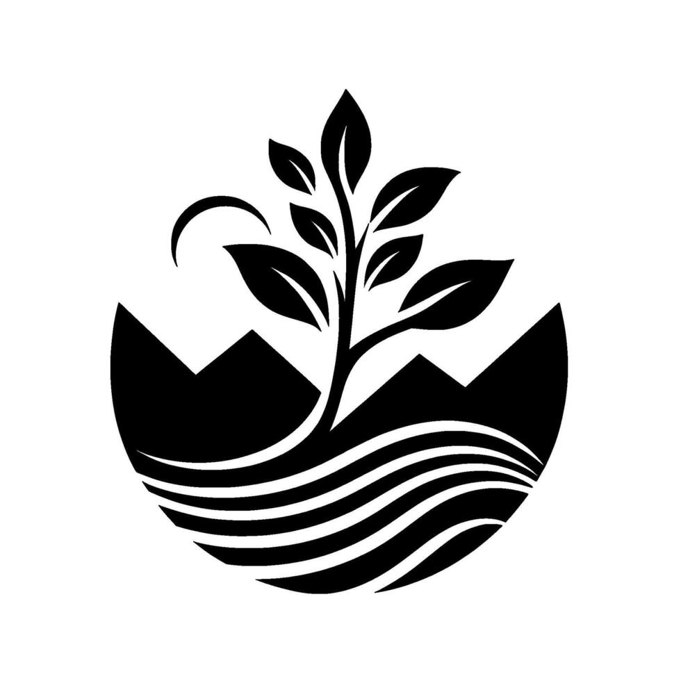 Black and White Minimalist Nature Crescent moon above mountain range, water, and a flourishing plant. vector