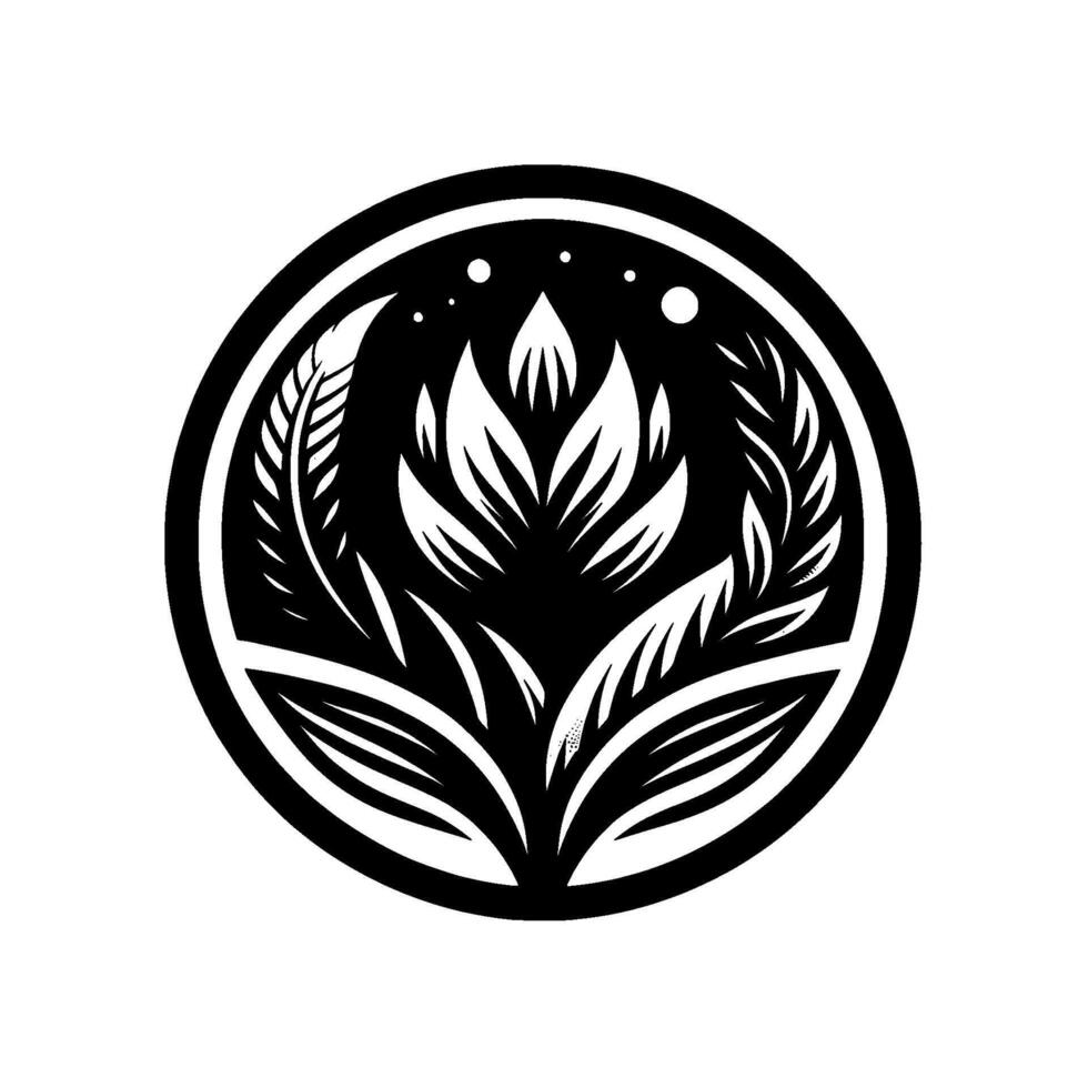 Intricate Black and White Floral Emblem Symbolic Circular Featuring Leaves and WheatLike Elements, Minimalist Aesthetic. vector