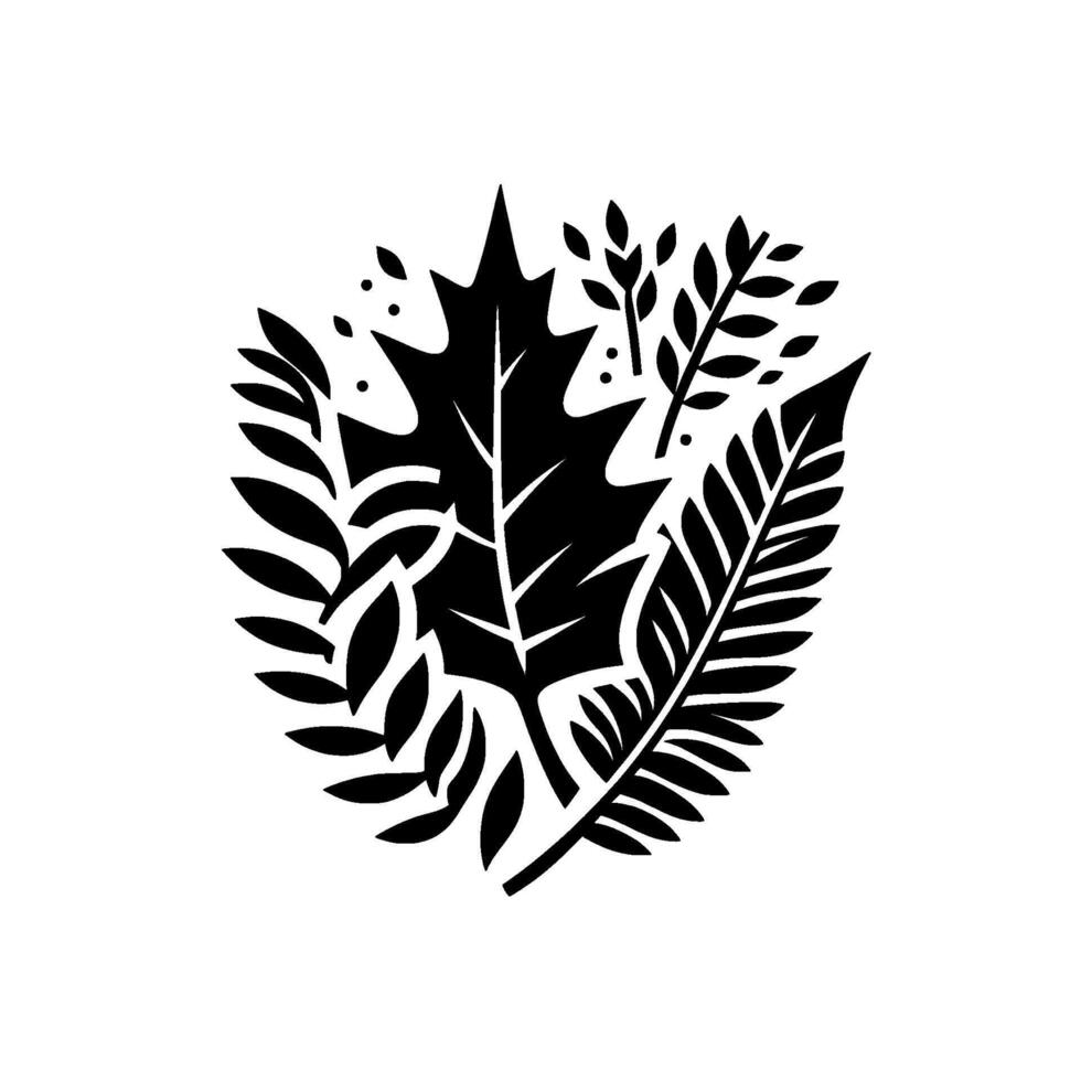 Monochromatic Floral Arrangement Stylized Black and White Illustration of Diverse Leaf Forms, Showcasing Natures Abstract Beauty, with Sprinkled Details vector