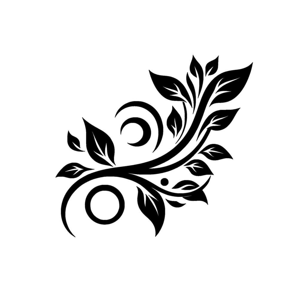 Elegant Black and White Floral Corner featuring Leaves, Swirls, and Circles, Embellishing a Blank White Background. vector